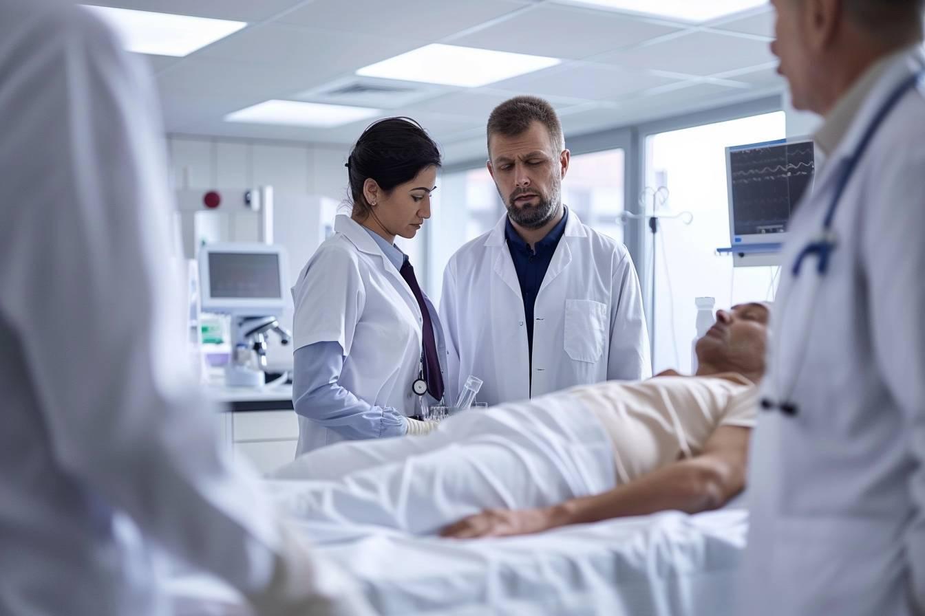 Équipe médicale en blouse blanche entourant un patient allongé dans une unité de soins intensifs, en pleine discussion clinique