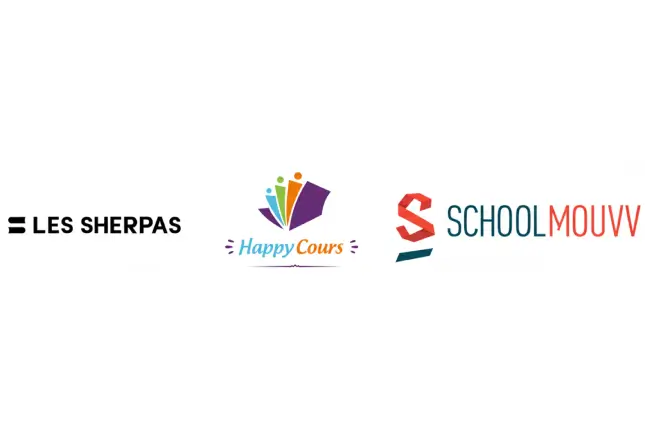 Logos of Les Sherpas, Happy Cours, and SchoolMouv - the top three mathematics tutoring platforms in this 2026 ranking